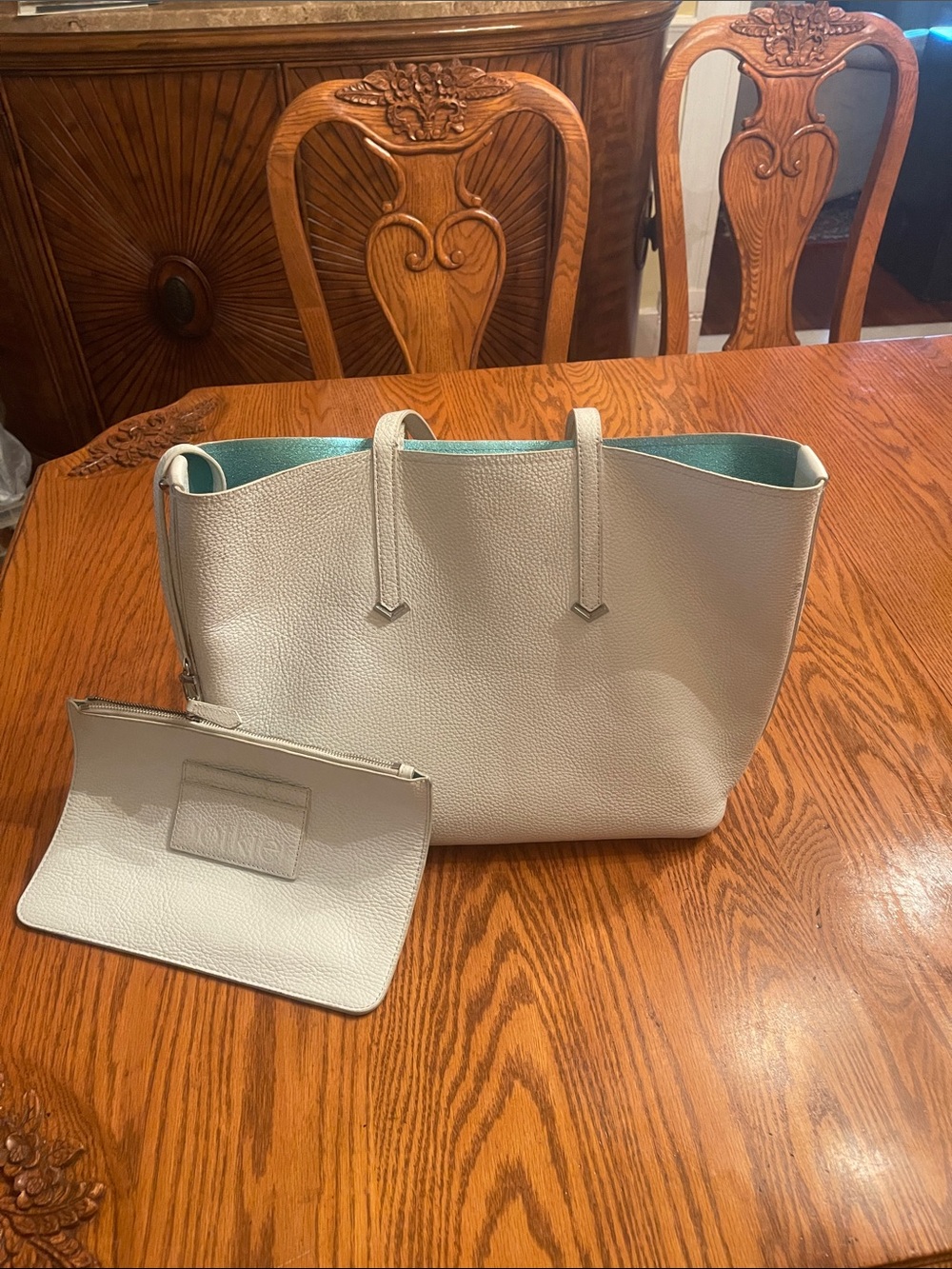 Botkier White Tote with Turquoise Interior and Matching Pouch